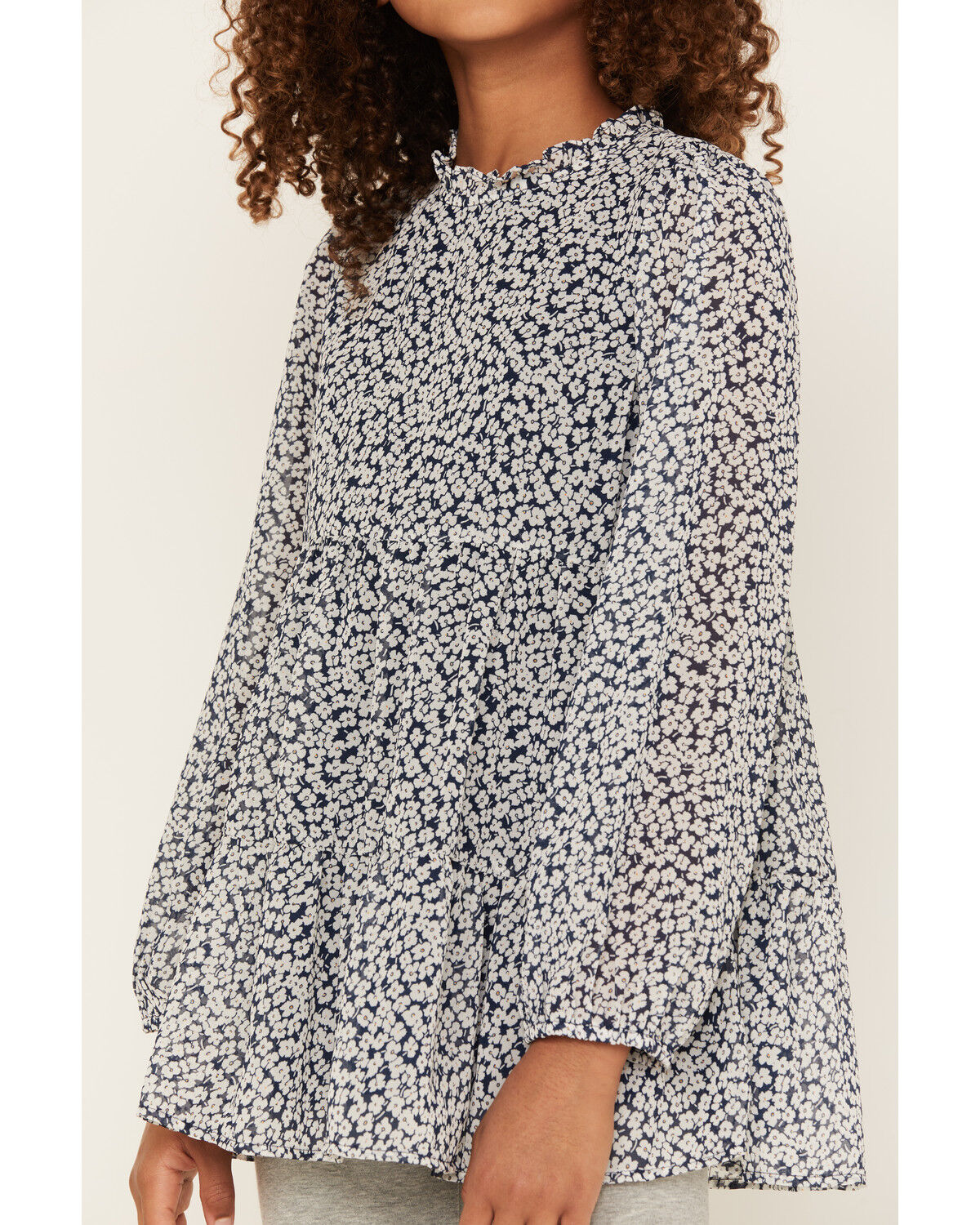 Image #3 - Hayden Girls' Ditsy Floral Long Sleeve Ruffle Top, Blue, hi-res