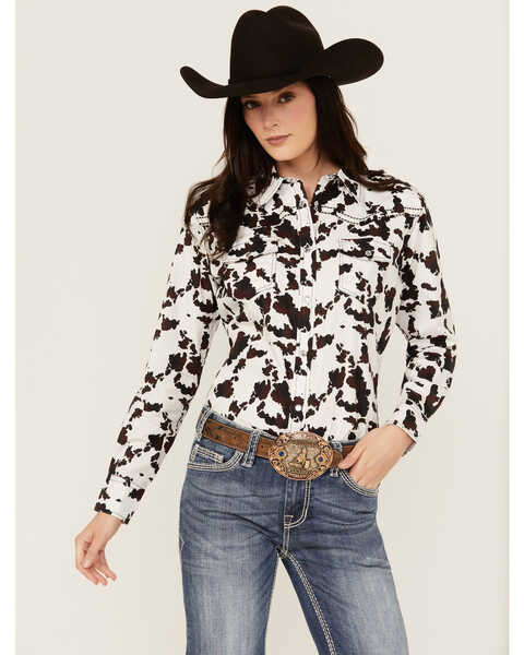 Cowgirl Hardware Women's Cow Print Snap Long Sleeve Western Shirt , Brown, hi-res