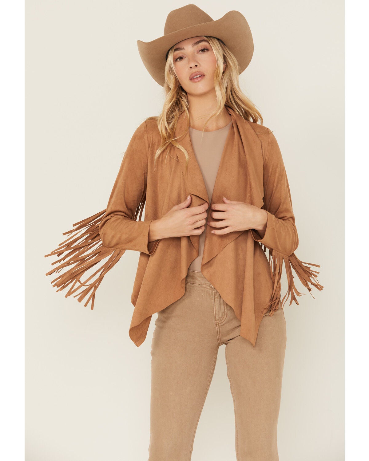 Shyanne Women's Faux Suede Cascade Front Fringe Jacket, Tan, hi-res