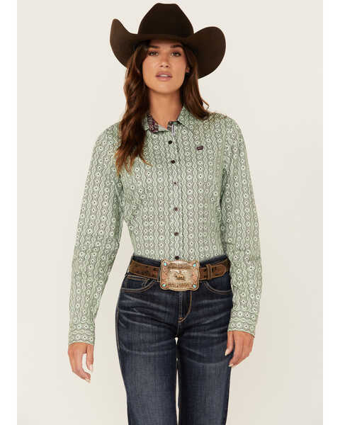 Cinch Women's Printed Long Sleeve Button Down Western Shirt, Green, hi-res