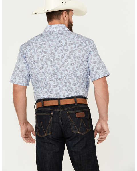 Image #4 - Rough Stock by Panhandle Men's Stretch Paisley Print Short Sleeve Pearl Snap Western Shirt, Blue, hi-res