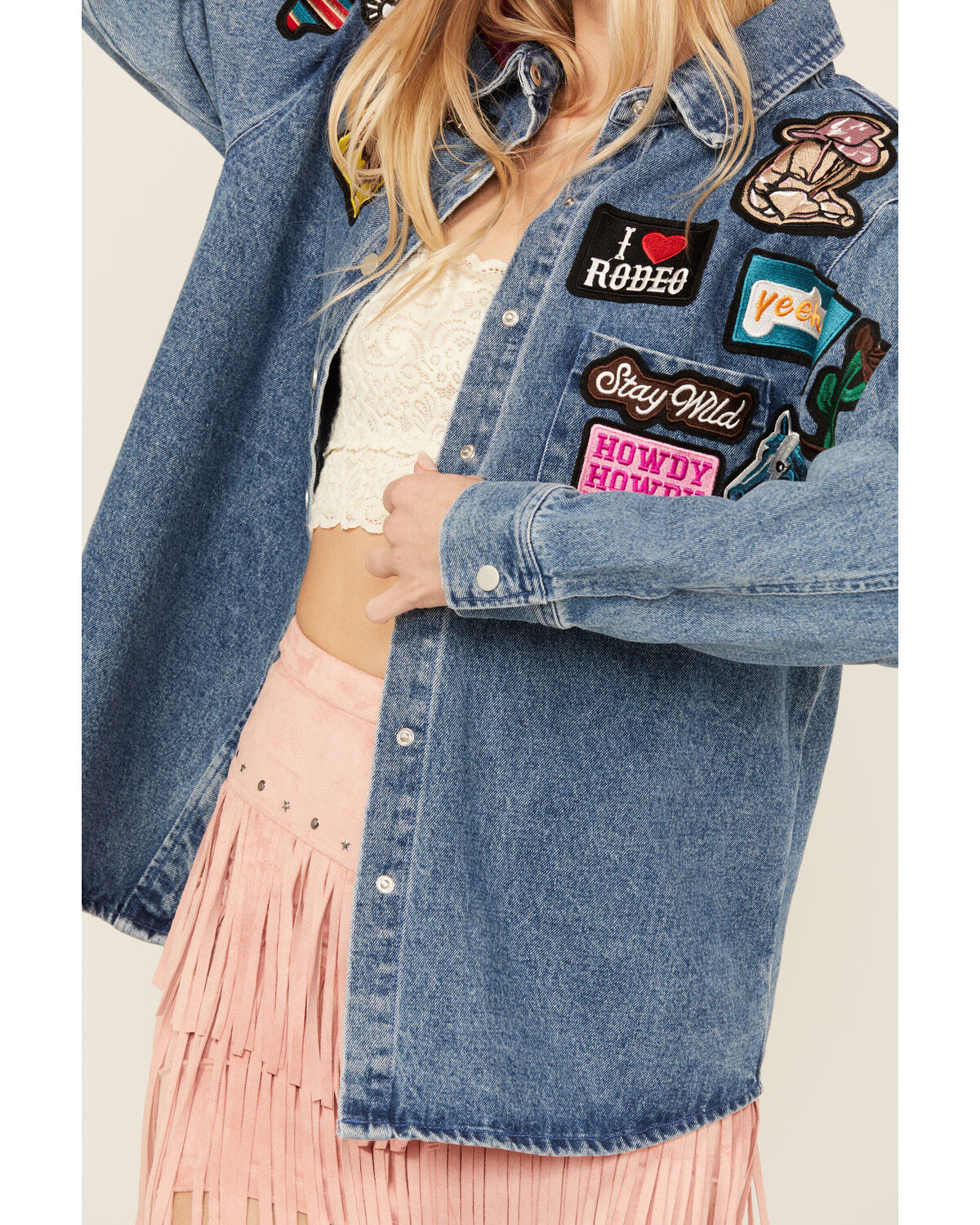 Image #3 - Blue B Women's Medium Wash Western Patchwork Snap Shacket, Medium Wash, hi-res