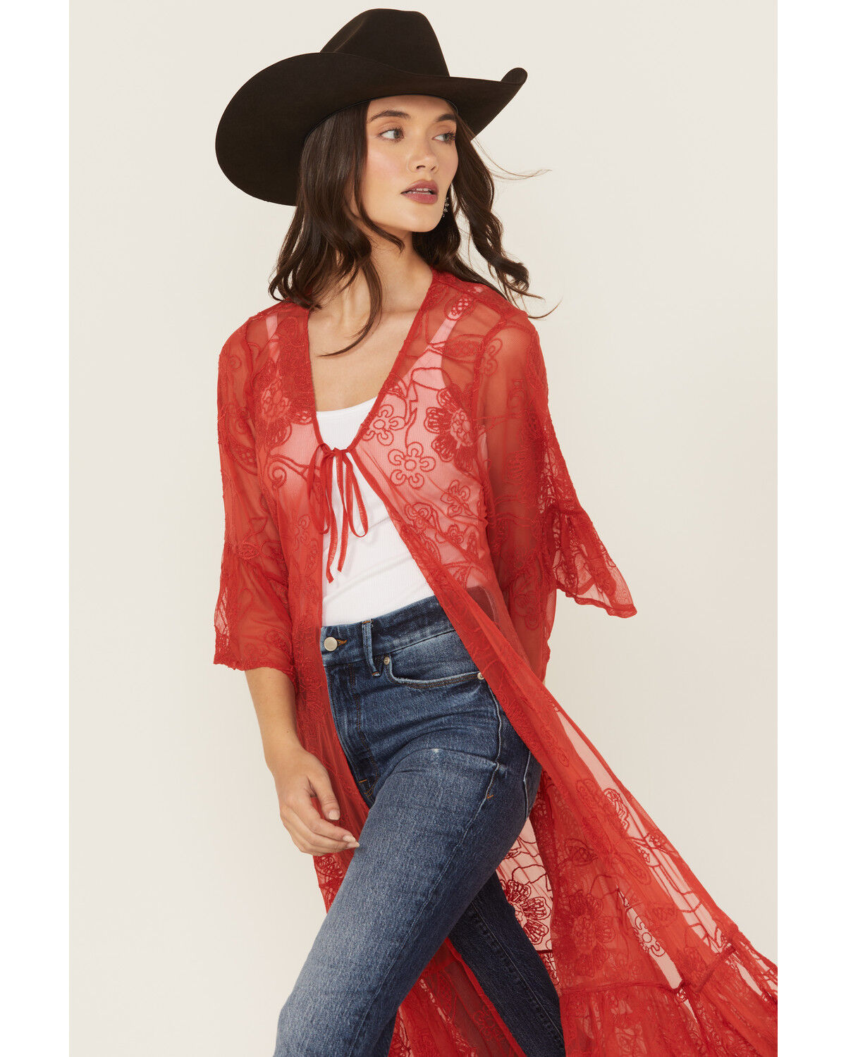 Image #2 - Shyanne Women's Tie-Front Embroidered Mesh Kimono, Red, hi-res