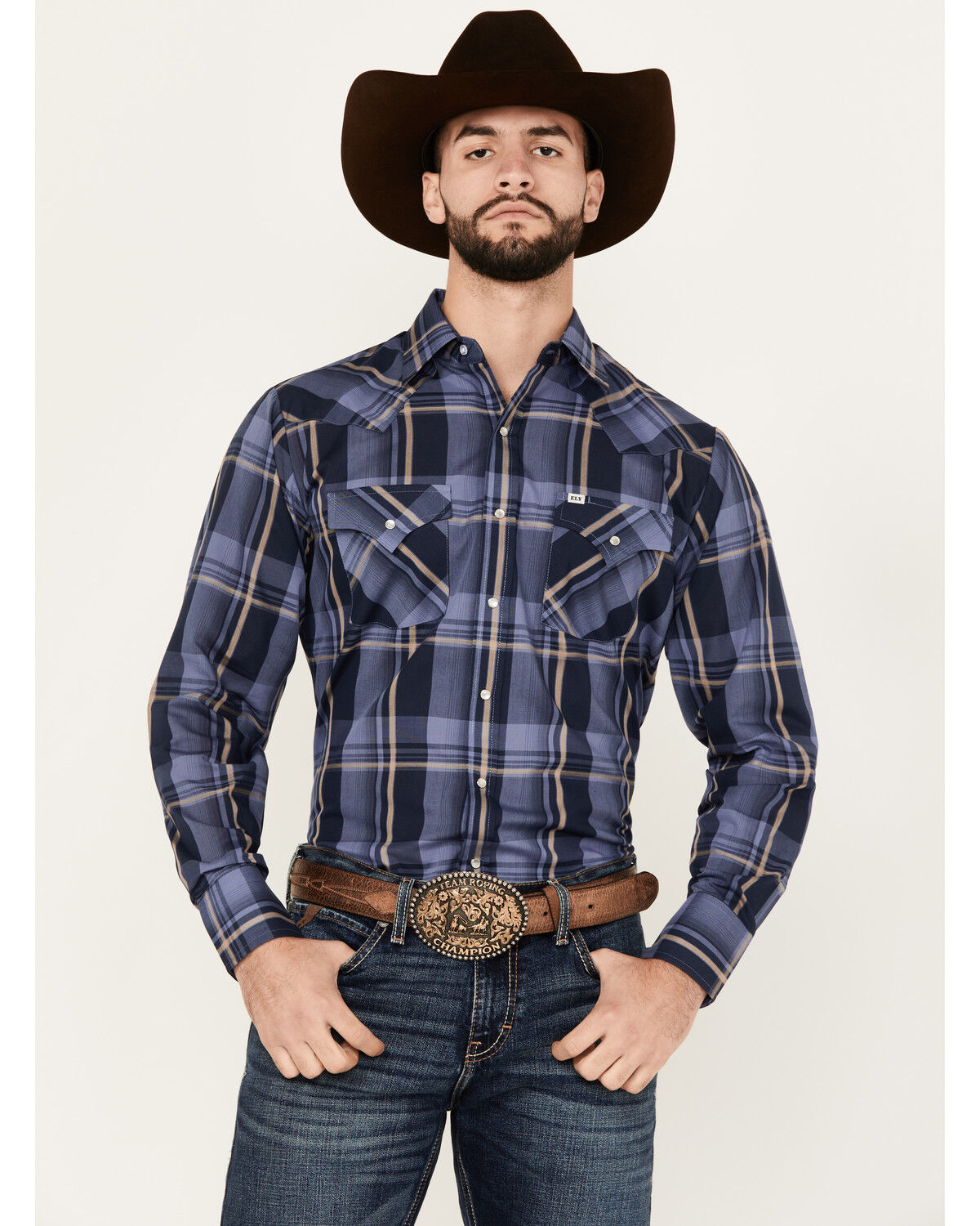 Image #1 - Ely Walker Men's Plaid Print Long Sleeve Snap Western Shirt, Blue, hi-res