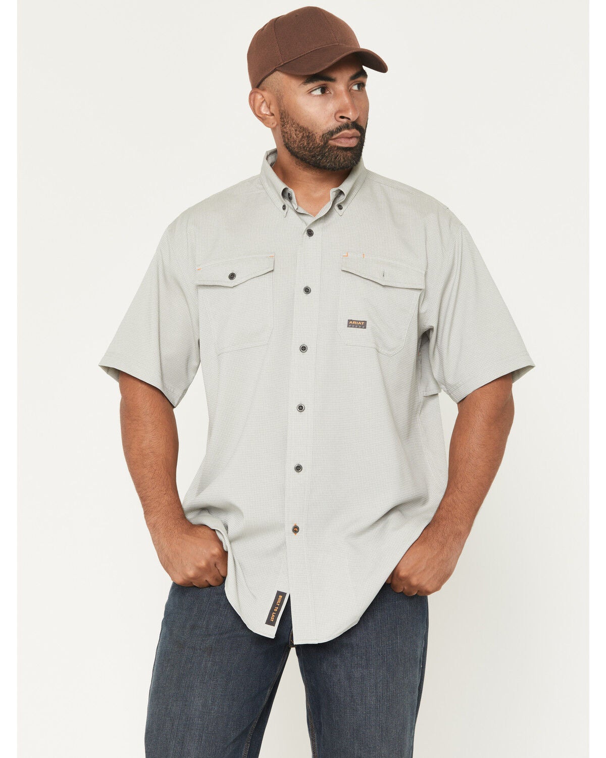 Image #1 - Ariat Men's Rebar Made Tough VentTEK Short Sleeve Button-Down Stretch Work Shirt, Light Grey, hi-res