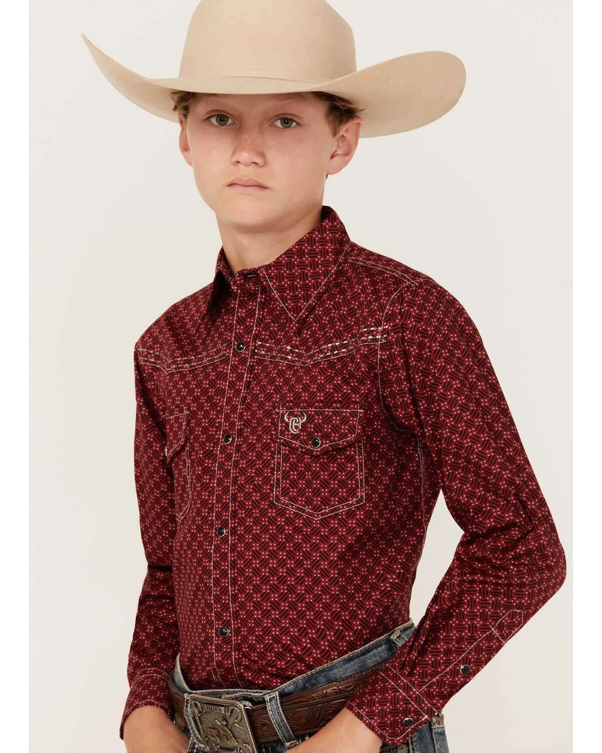 Image #2 - Cowboy Hardware Boys' Geo Print Long Sleeve Snap Stretch Western Shirt, Red, hi-res