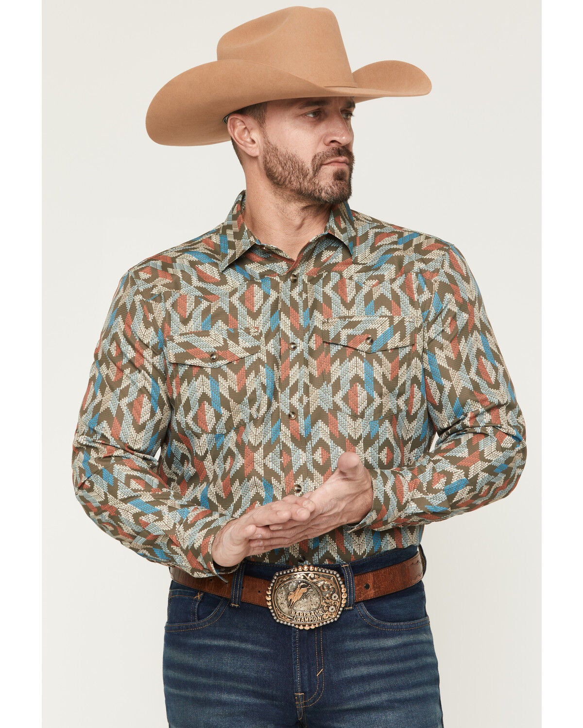 Image #1 - RANK 45&reg; Men's TEK Tracker Geo Print Long Sleeve Snap Performance Western Shirt, Brown, hi-res