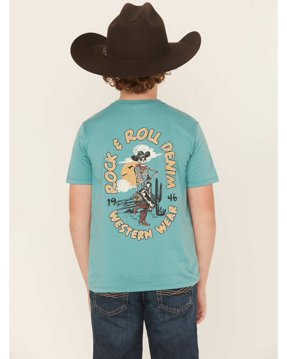 Image #1 - Rock & Roll Denim Boys' Skeleton Short Sleeve Graphic T-Shirt, Teal, hi-res