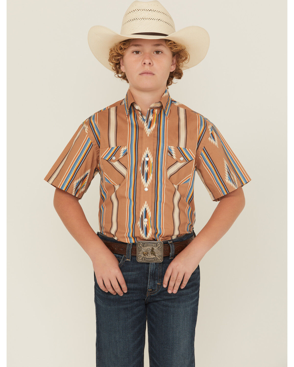 Image #1 - Panhandle Slim Boys' Southwestern Striped Print Short Sleeve Snap Western Shirt, Camel, hi-res