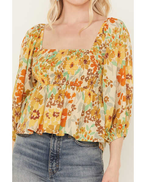 Image #3 - By Together Women's Sunflower Print Smocked Long Sleeve Peasant Top, Yellow, hi-res