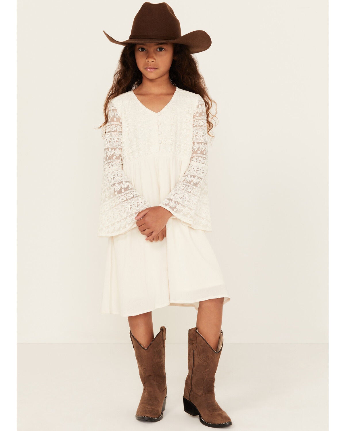 Shyanne Girls' Lace Long Sleeve Button-Down Mini Dress, Off White, hi-res
