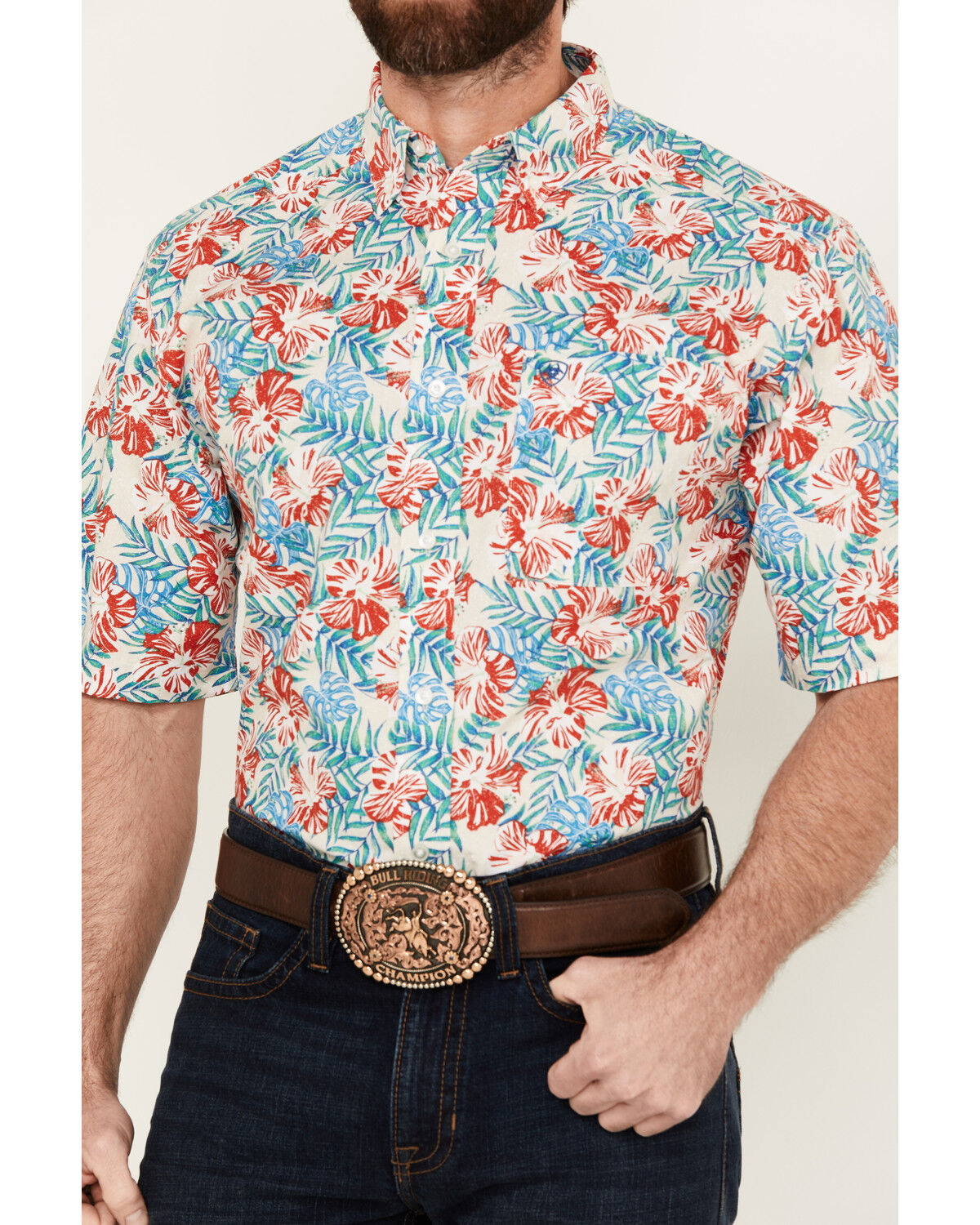 Image #3 - Ariat Men's Dillan Hawaiian Floral Print Short Sleeve Button-Down Western Shirt, Red, hi-res