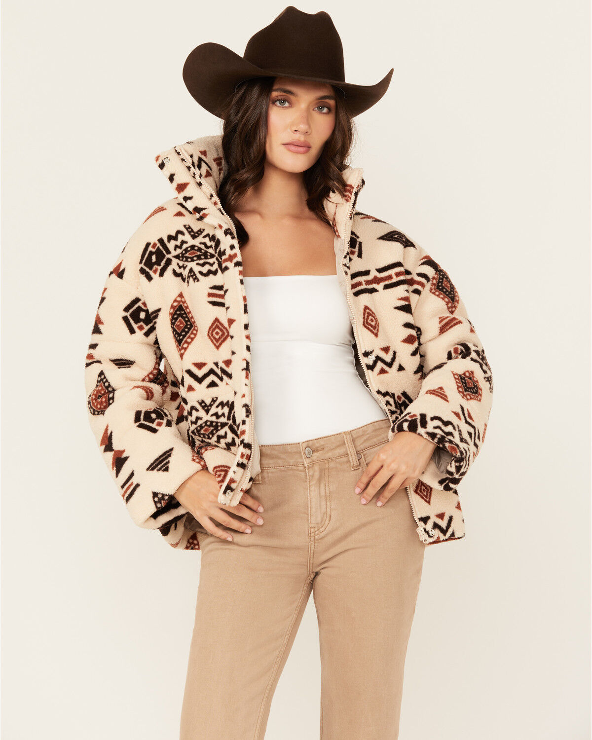 Image #1 - Miss Me Women's Southwestern Print Sherpa Jacket, Ivory, hi-res