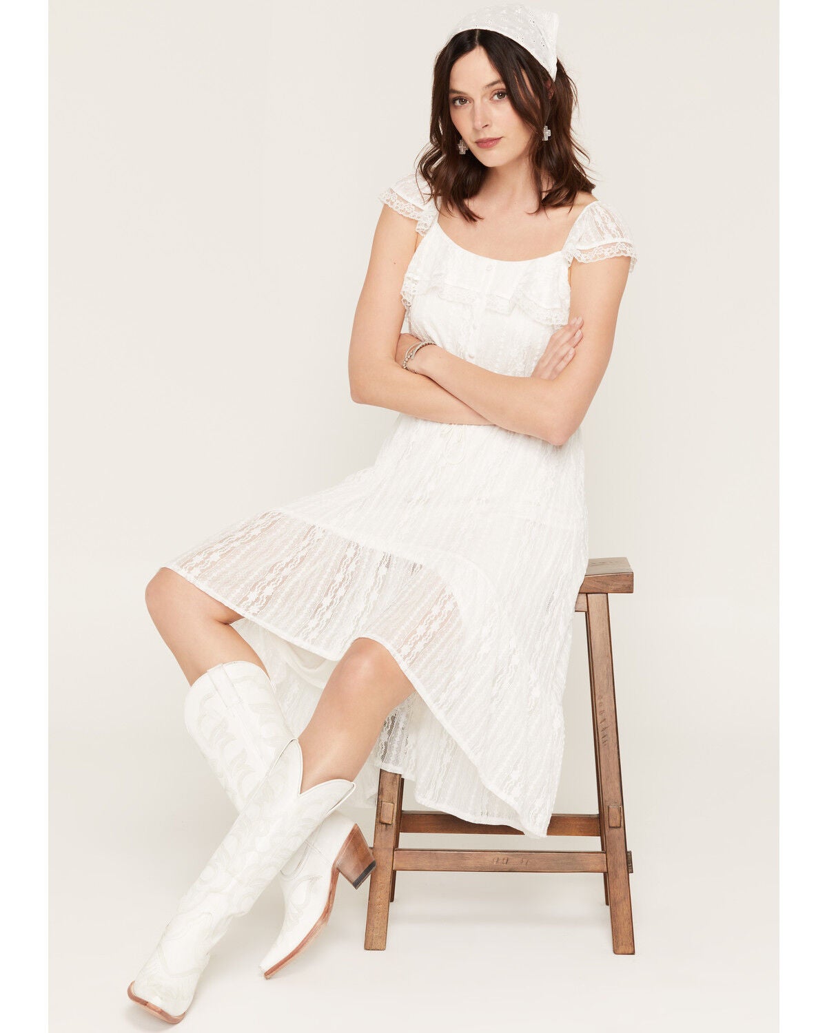 Shyanne Women's Lace Flutter Sleeve High-Low Midi Dress, White, hi-res