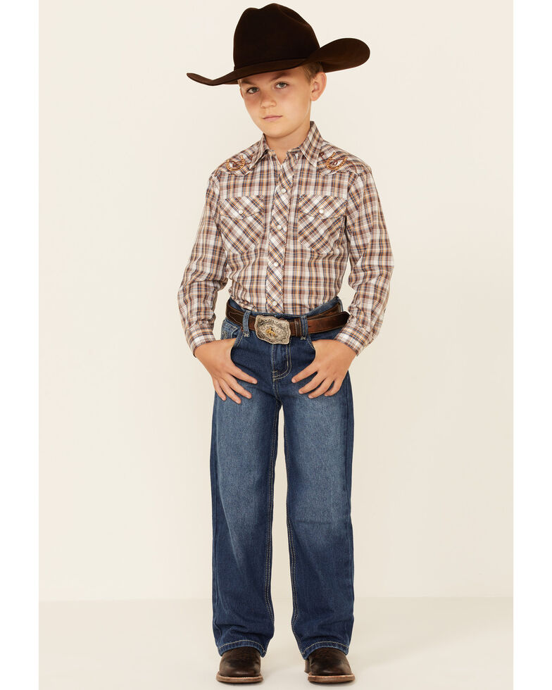 Roper Boys' Brown Plaid Long Sleeve Snap Western Shirt , Brown, hi-res