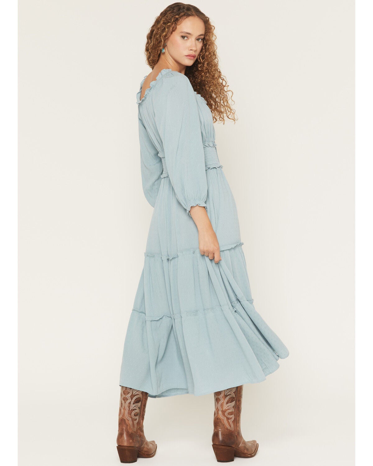 Image #4 - Wild Moss Women's Solid Jacquard Smocked Waist Midi Dress, Blue, hi-res
