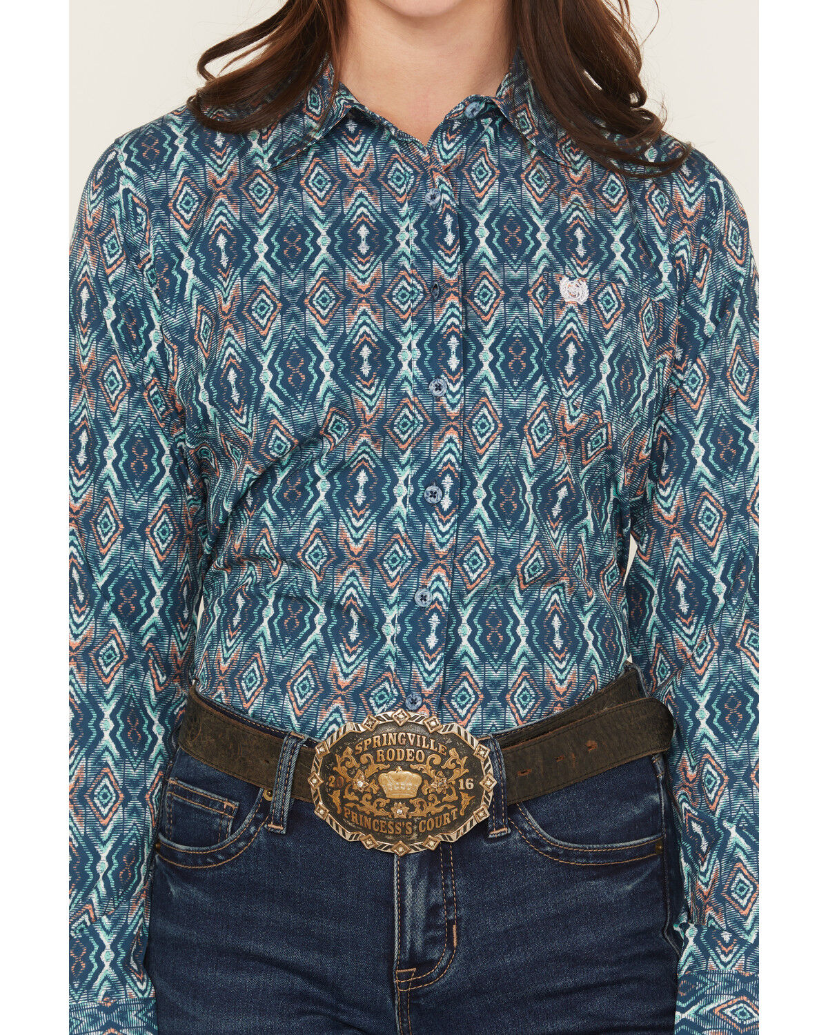 Image #3 - Cinch Women's Southwestern Long Sleeve Button-Down Stretch Western Shirt, Navy, hi-res