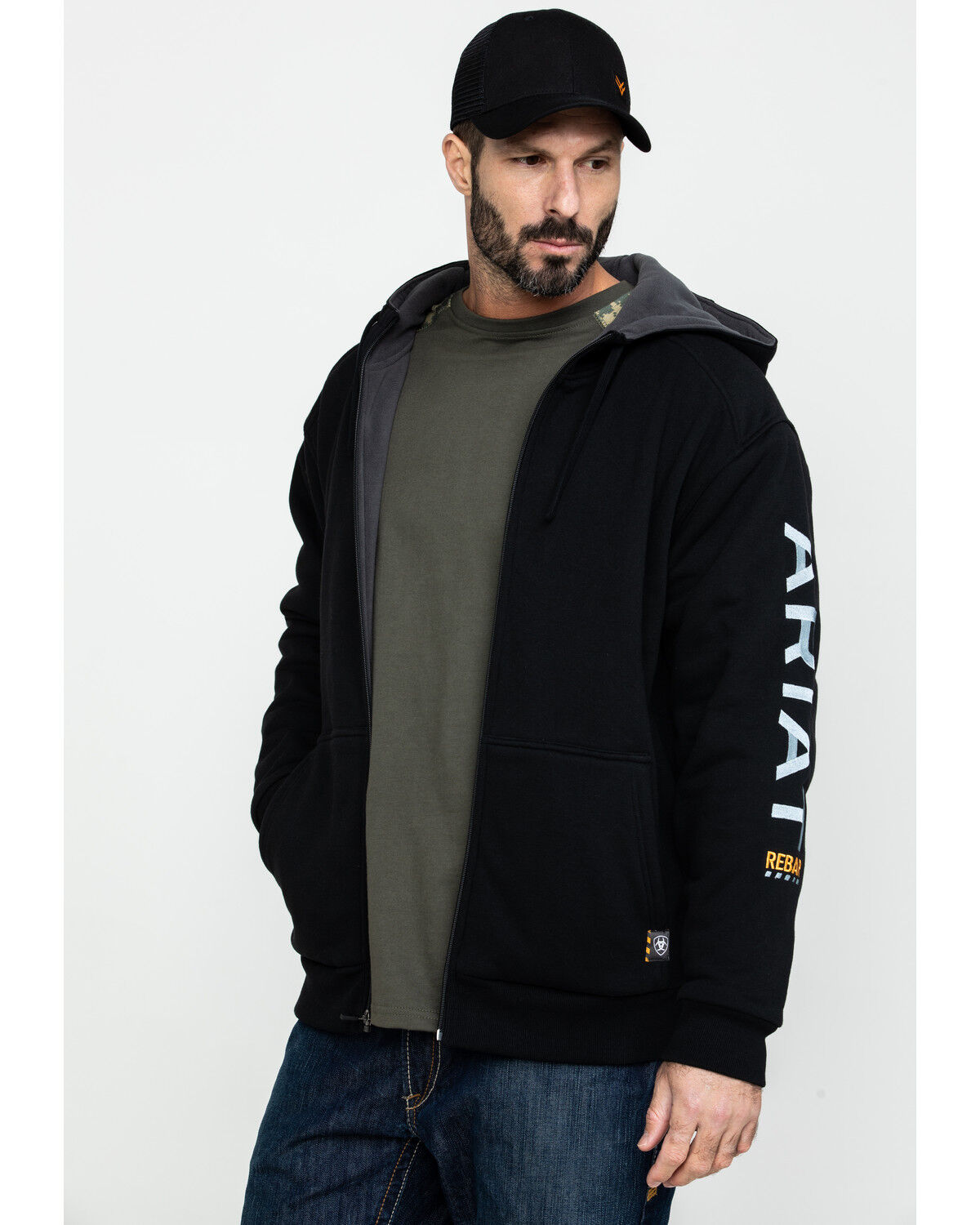 Image #3 - Ariat Men's Rebar All-Weather Full Zip Work Hoodie, Black, hi-res