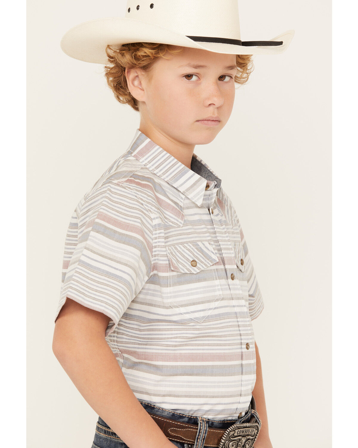 Image #2 - Cody James Boys' Striped Short Sleeve Snap Western Shirt, Tan, hi-res