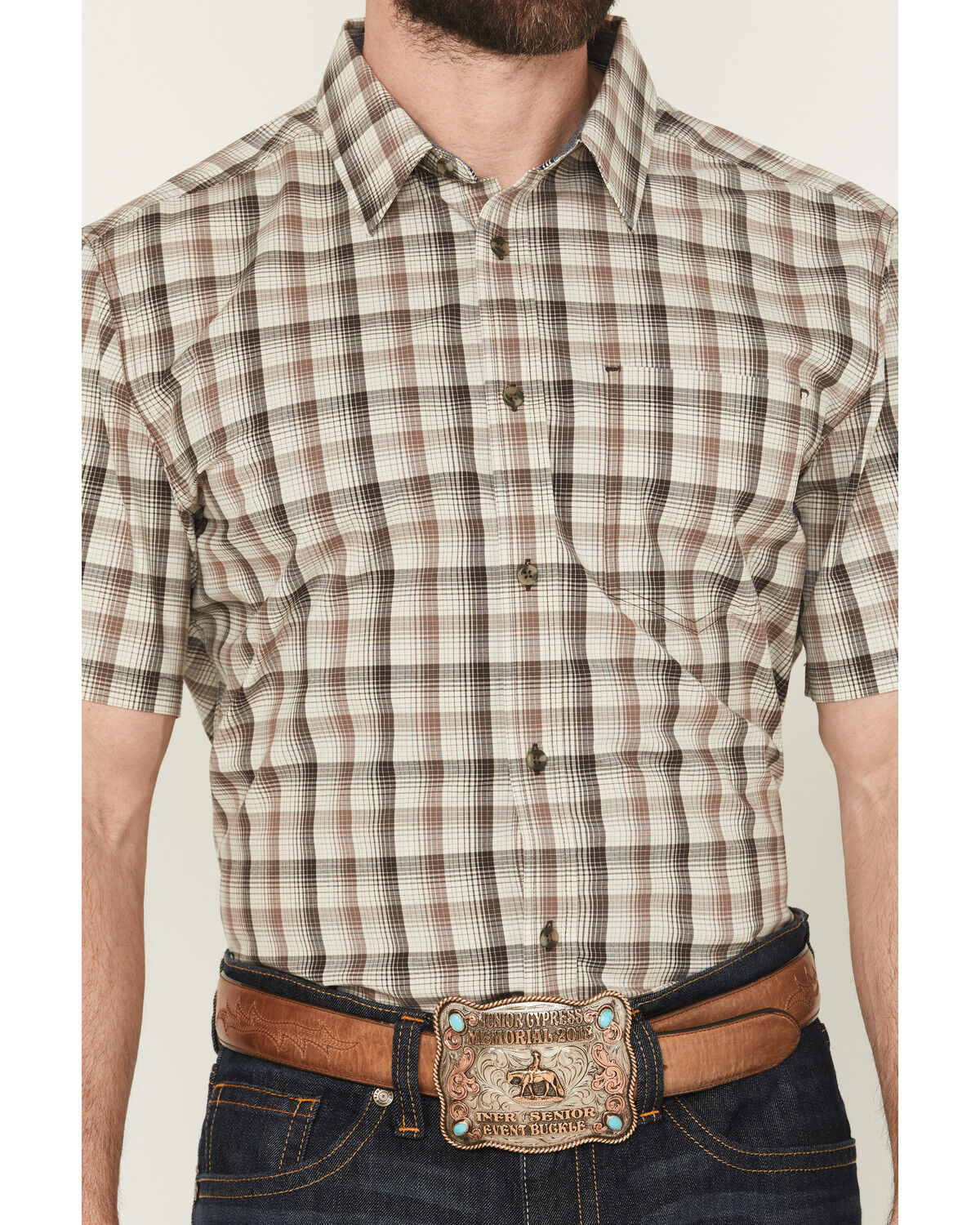 Image #3 - Cody James Men's Summit Plaid Print Short Sleeve Button-Down Stretch Western Shirt, Brown, hi-res