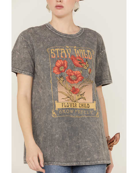 Image #3 - Youth in Revolt Women's Stay Wild Flower Child Black Mineral Wash Graphic Tee, Gray, hi-res