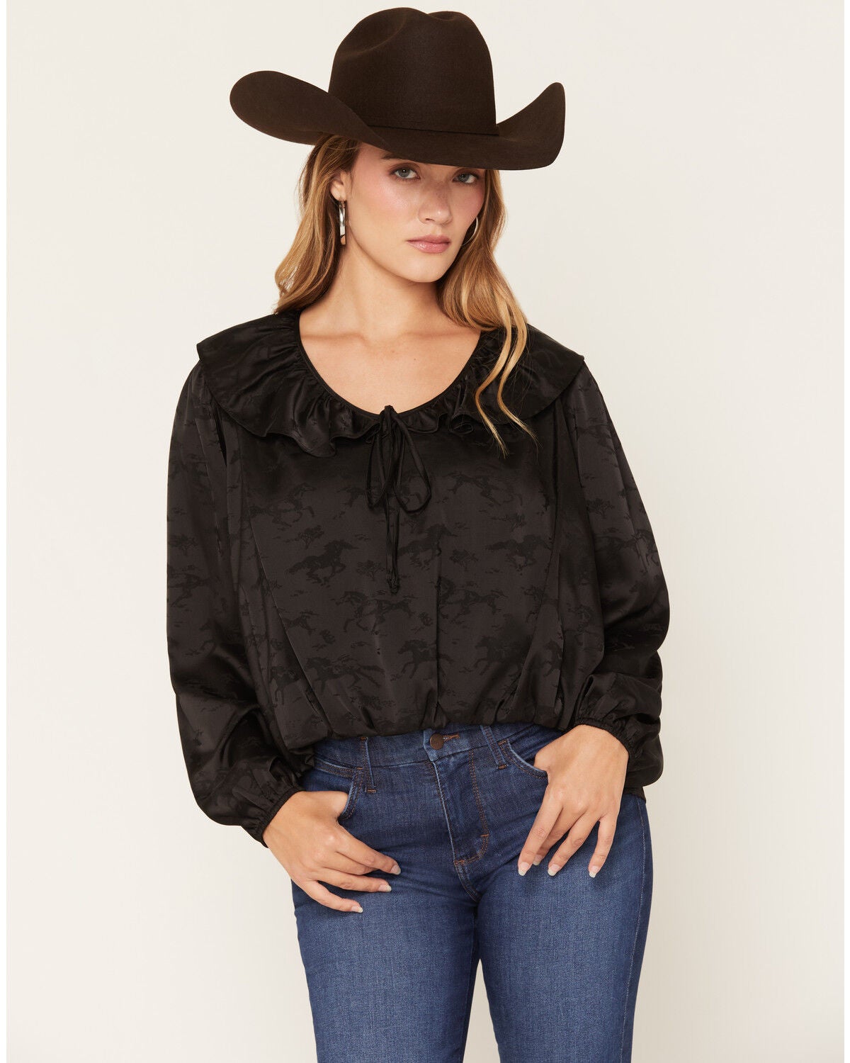 Image #1 - Wild Moss Women's Horse Print Bubble Hem Long Sleeve Top, Black, hi-res