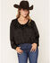 Image #1 - Wild Moss Women's Horse Print Bubble Hem Long Sleeve Top, Black, hi-res