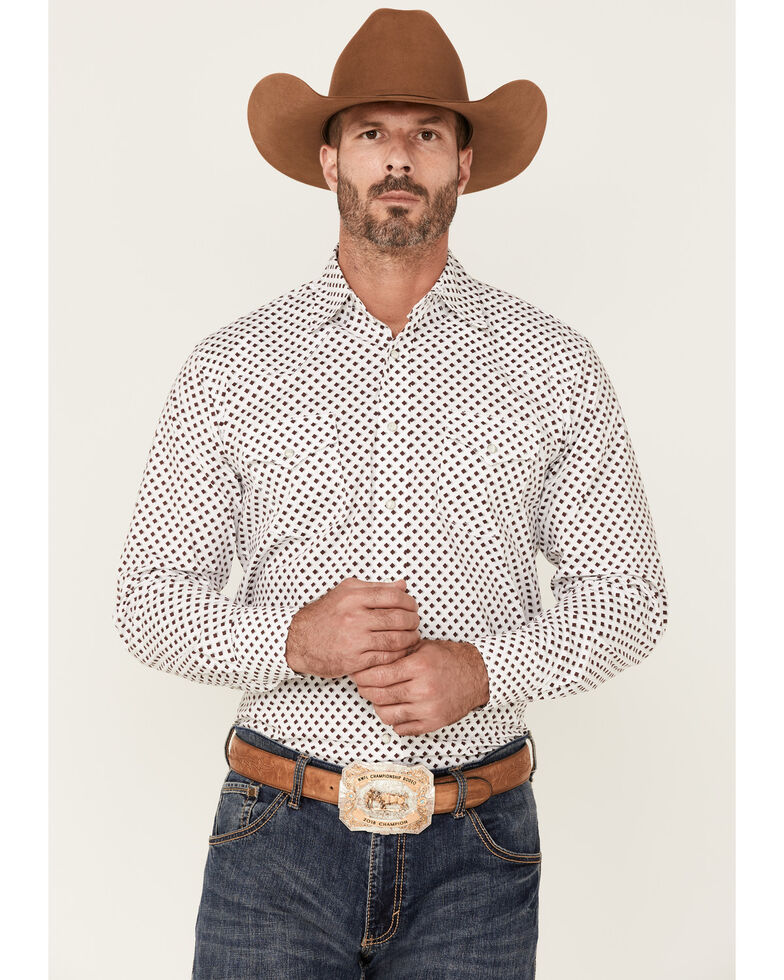 Wrangler Men's Burgundy Diamond Geo Print Long Sleeve Western Shirt, Burgundy, hi-res
