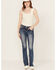 Image #3 - Miss Me Women's Dark Wash Mid Rise Fleur de Lis Bootcut Stretch Denim Jeans, Dark Wash, hi-res