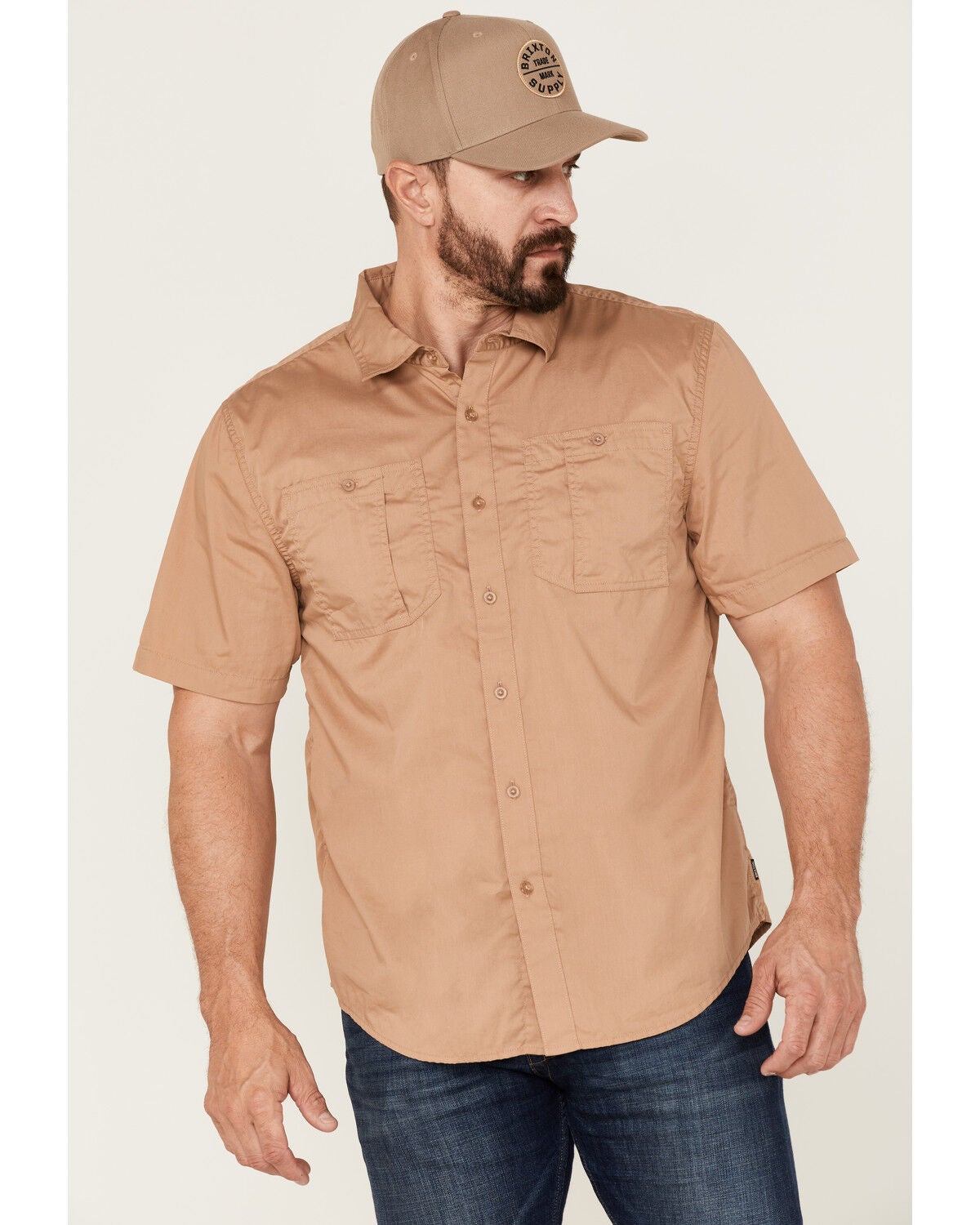 Brixton Men's Mojave Charter Solid Utility Button Down Western Shirt, Tan, hi-res