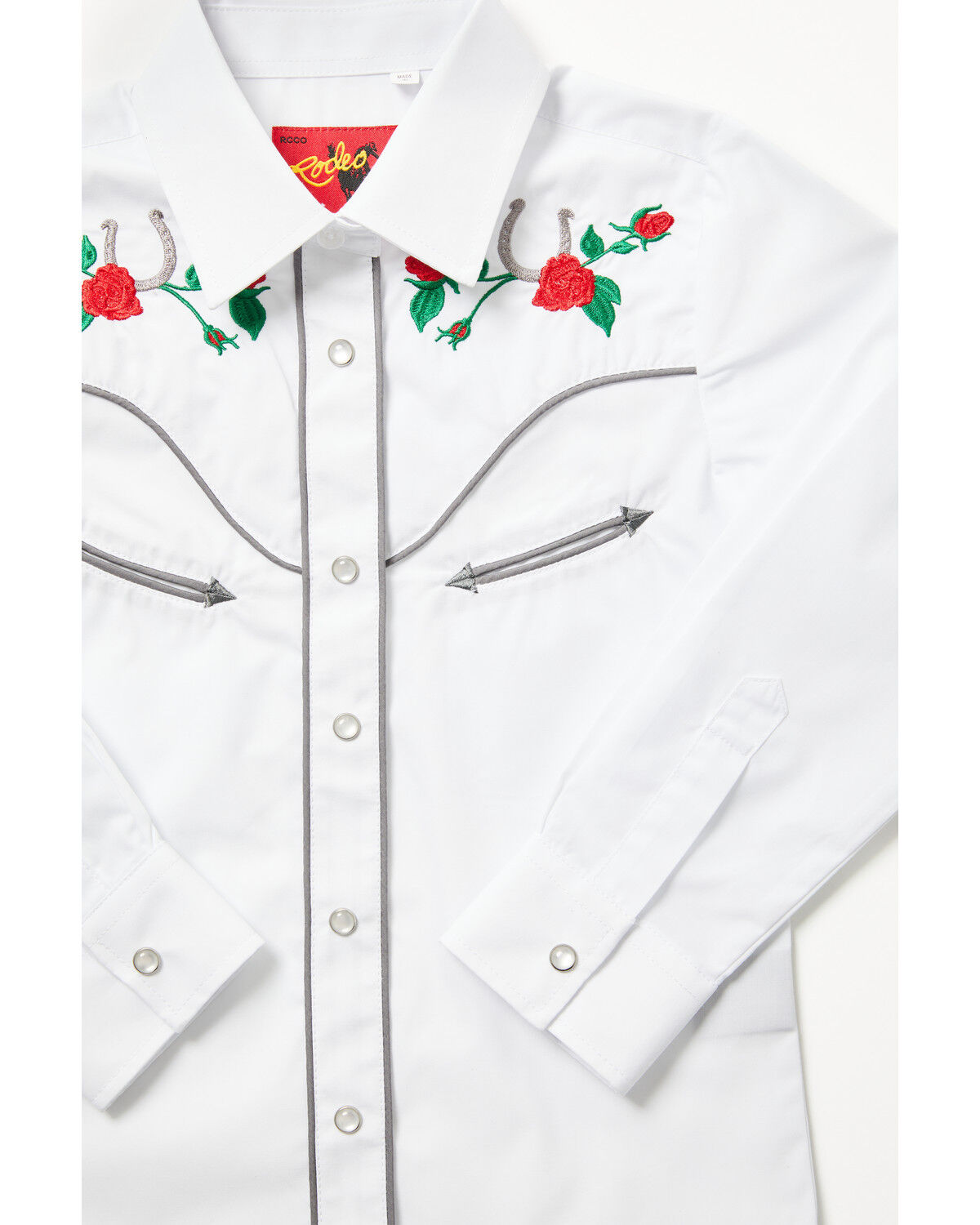 Image #2 - Rodeo Clothing Girls' Rose Horseshoe Embroidered Long Sleeve Pearl Snap Western Shirt, White, hi-res