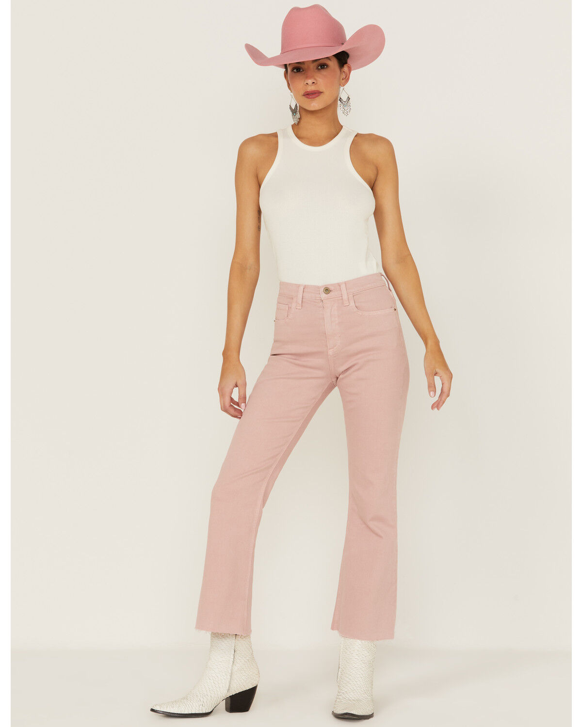 Image #1 - Sneak Peek Women's High Rise Raw Hem Crop Jeans, Pink, hi-res