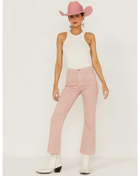 Image #1 - Sneak Peek Women's High Rise Raw Hem Crop Jeans , Pink, hi-res