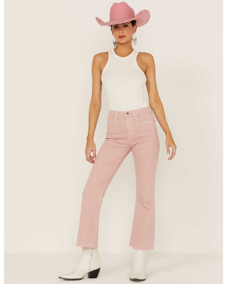 Sneak Peek Women's Pink High Rise Raw Hem Crop Jeans , Pink, hi-res