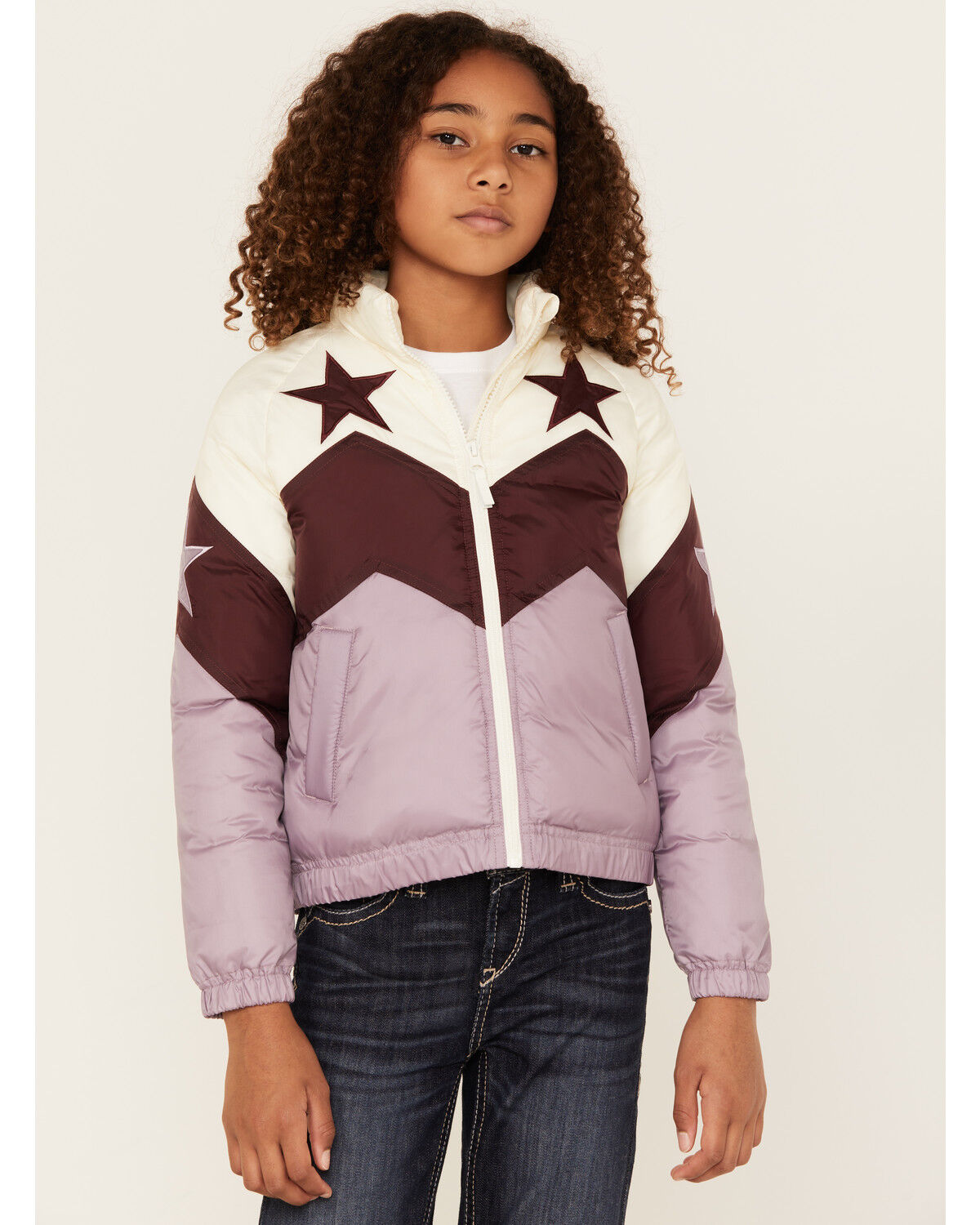 Image #1 - Shyanne Girls' Chevron Color Block Star Jacket, Pink, hi-res