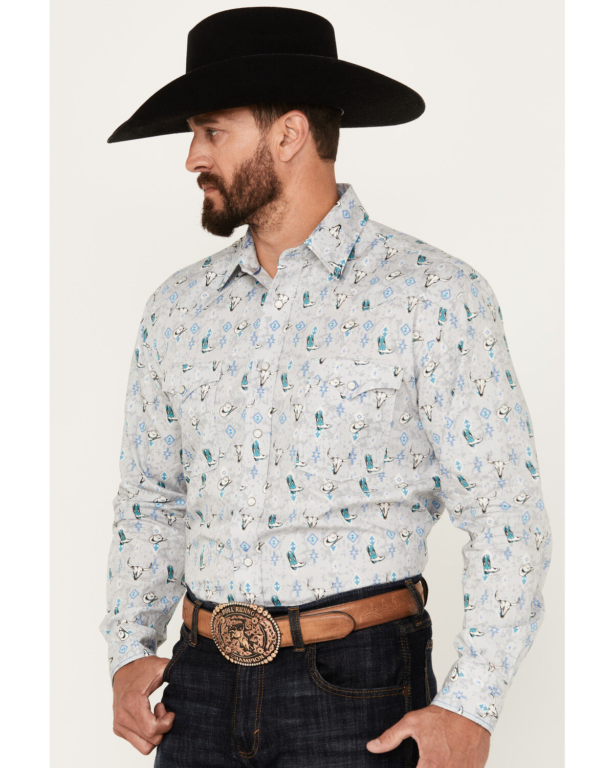 Image #2 - Rough Stock by Panhandle Men's Novelty Print Long Sleeve Snap Western Shirt, Grey, hi-res