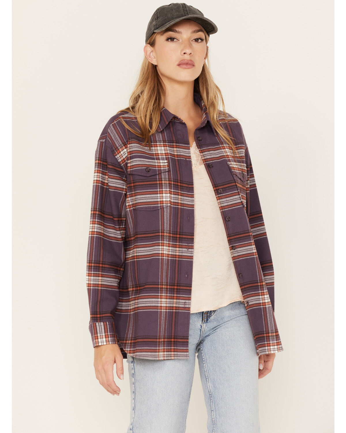 Image #1 - Cleo + Wolf Women's Plaid Print Oversized Long Sleeve Flannel Button Down Shirt, Violet, hi-res