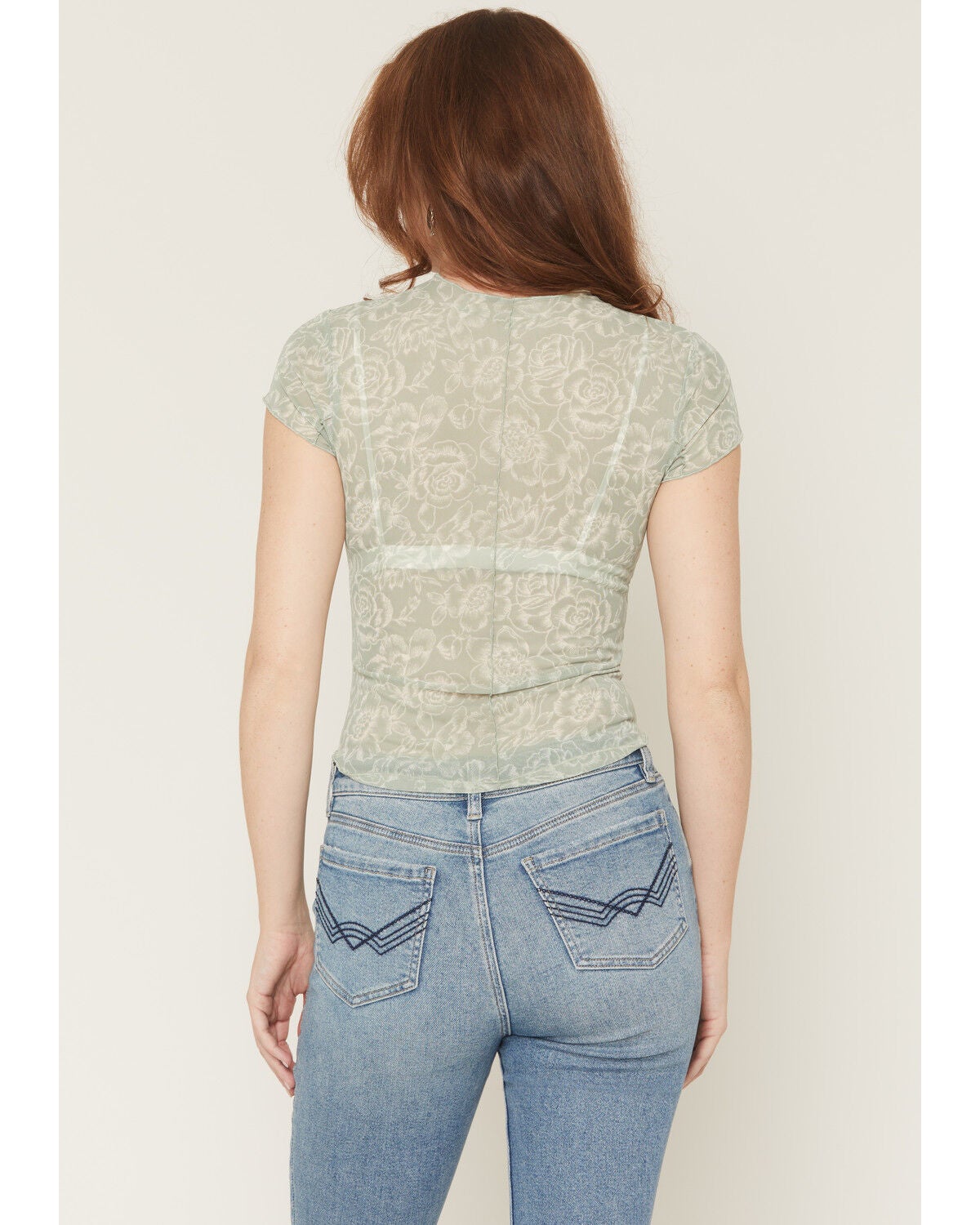Image #4 - Ash & Violet Women's Floral Print Mesh Short Sleeve Tee, Green, hi-res