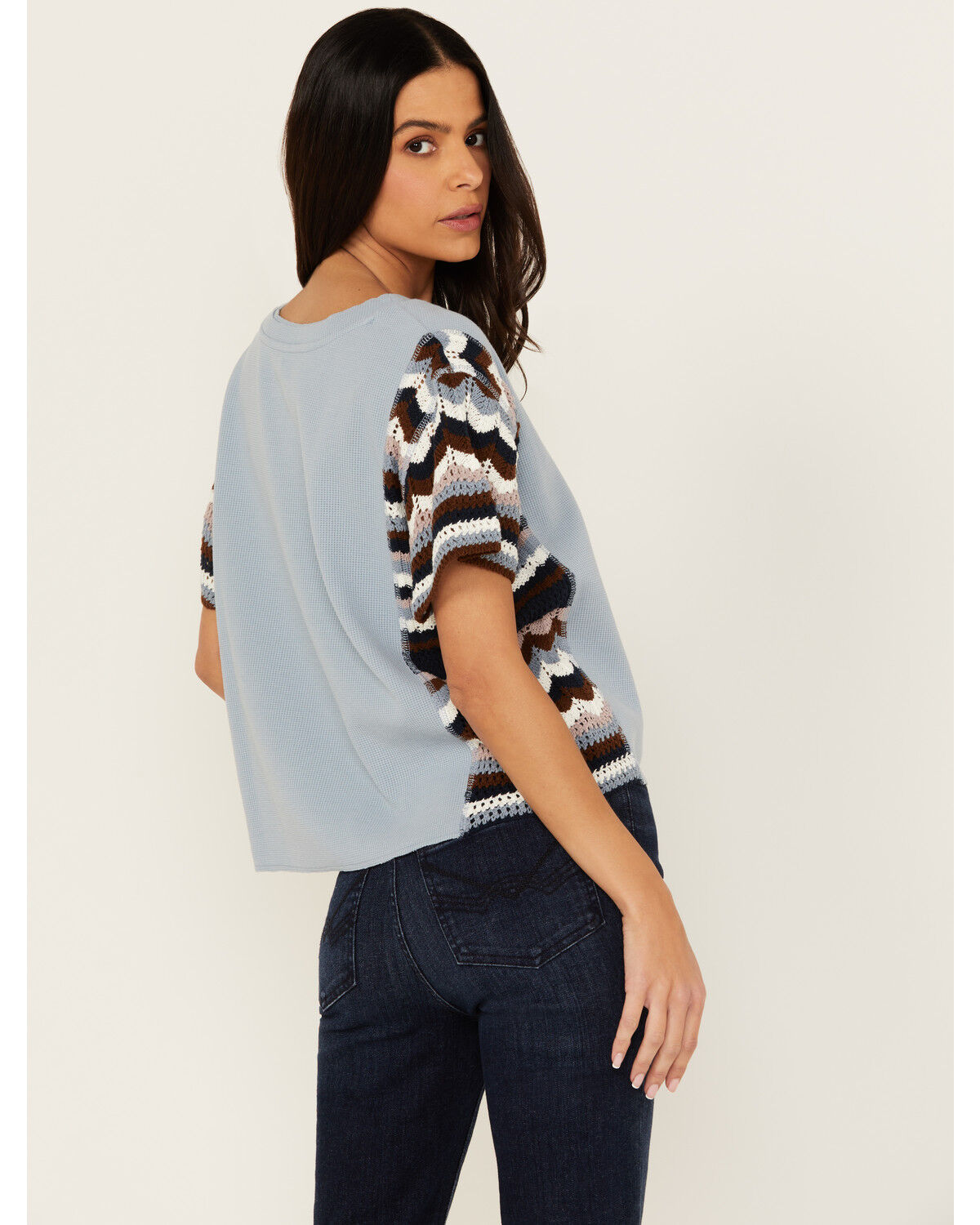 Image #4 - Cleo + Wolf Women's Ashton Mixed Media Short Sleeve Thermal Shirt, Light Blue, hi-res