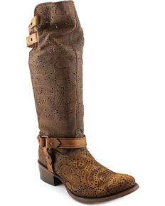 Corral Women's Chocolate Slouch Harness & Top Strap Cowgirl Boots - Medium Toe , Chocolate, hi-res