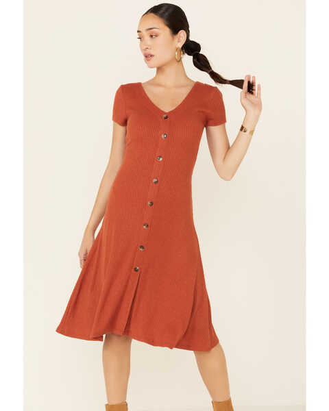 HYFVE Women's Knit Button-Front Fit & Flare Midi Dress, Beige/khaki, hi-res
