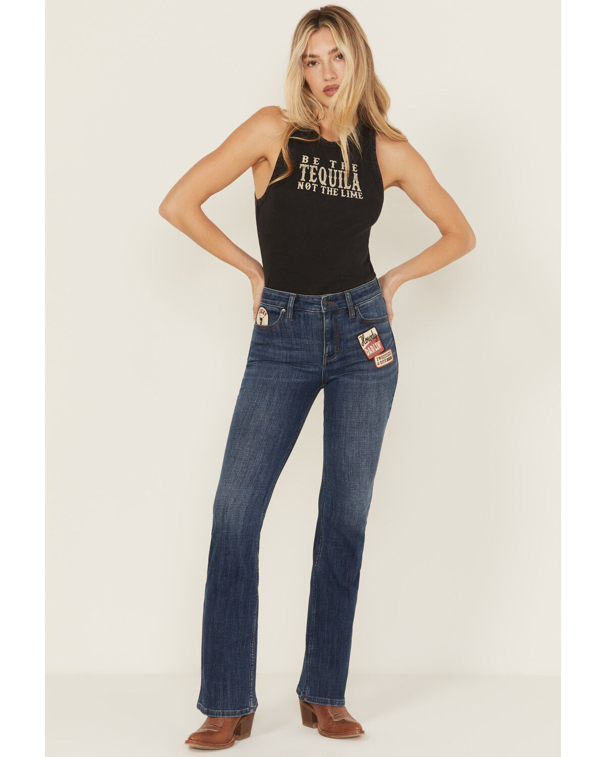 Image #1 - Idyllwind Women's Ellwood Dark Wash High Rise Patch Bootcut Super Stretch Denim Jeans, Dark Wash, hi-res