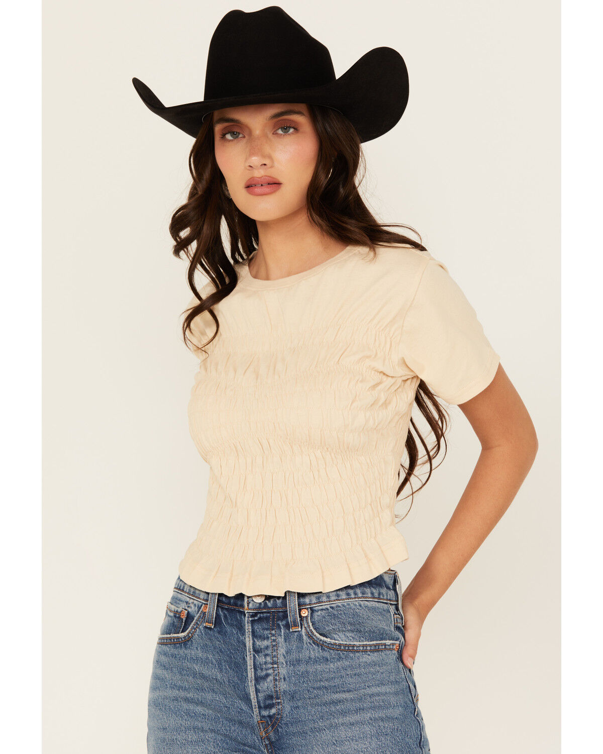 Image #1 - Cleo + Wolf Women's Shirred Short Sleeve Shirt, Oatmeal, hi-res