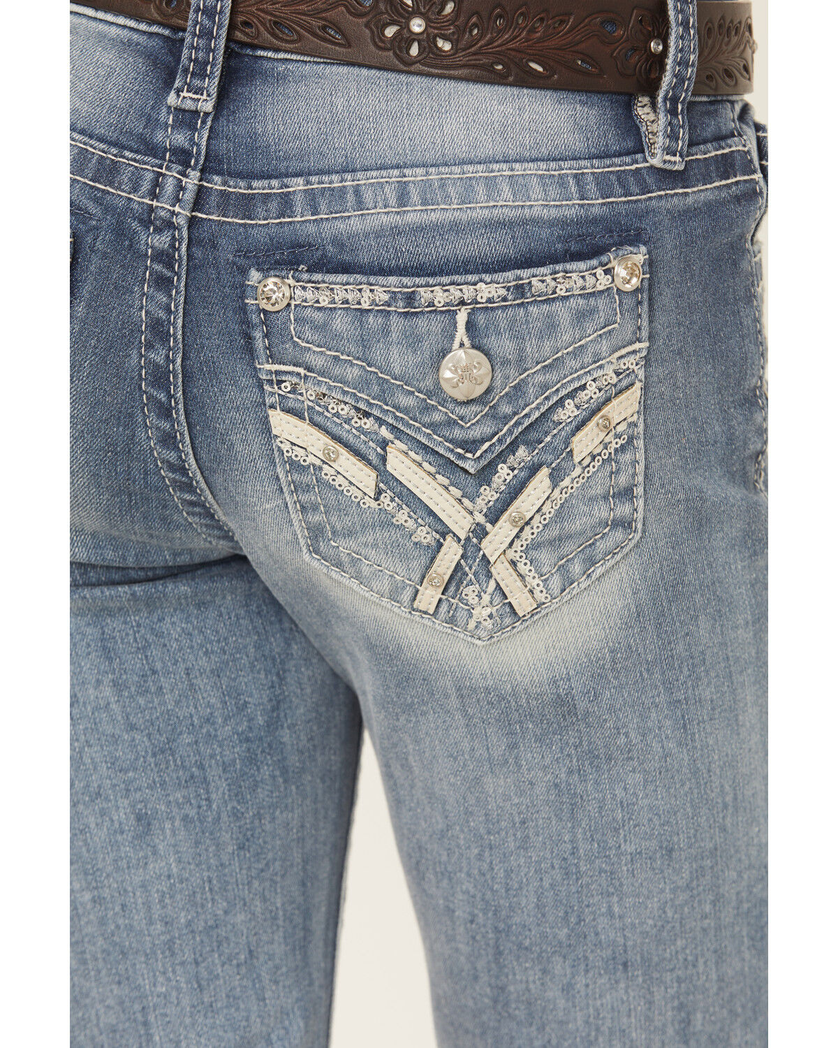 Image #2 - Miss Me Girls' Criss Cross Dark Wash Bootcut Stretch Denim Jeans, Medium Wash, hi-res