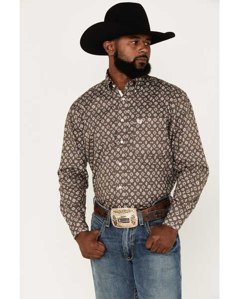 Rough Stock by Panhandle Men's Southwestern Print Stretch Long Sleeve Button-Down Western Shirt, Taupe, hi-res