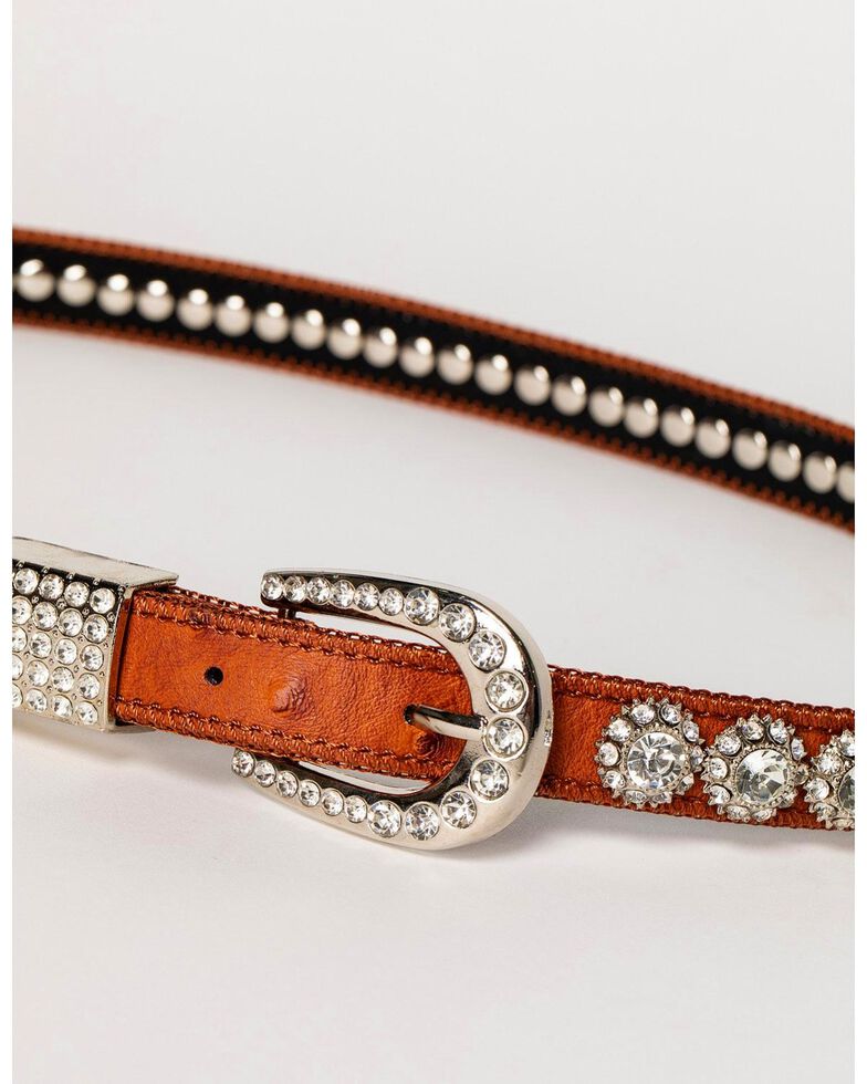 Shyanne Girls' Ostrich Print Rhinestone Belt, Brown, hi-res