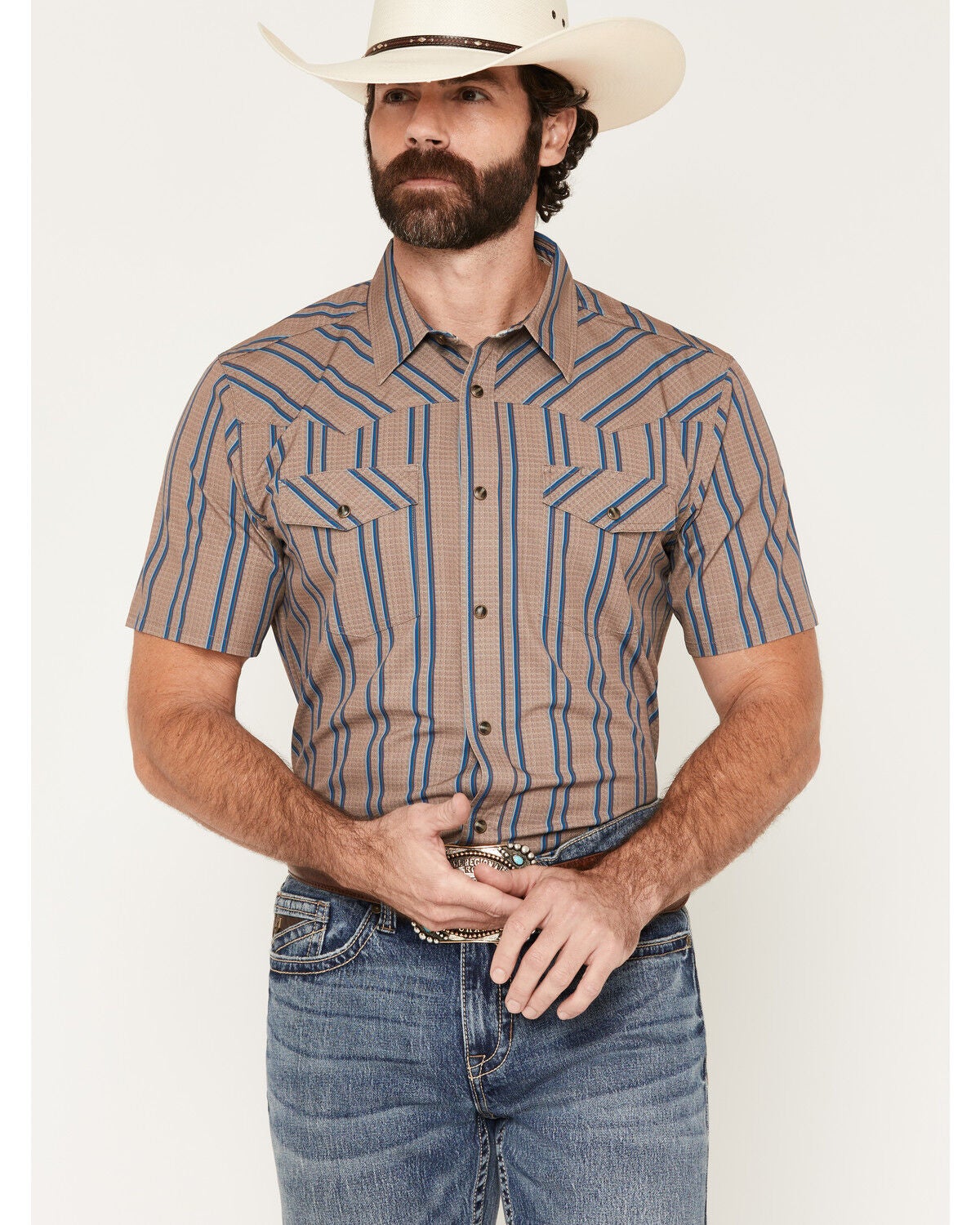 RANK 45&reg; Men's Horse Town Striped Short Sleeve Snap Stretch Western Shirt, Brown, hi-res
