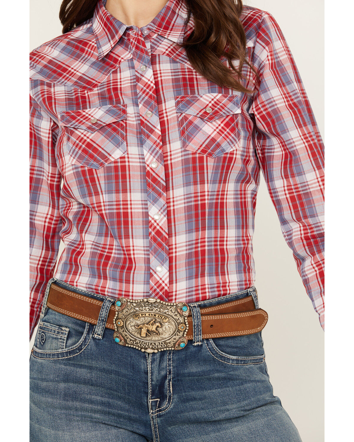 Image #3 - Ely Walker Women's Plaid Print Long Sleeve Pearl Snap Western Shirt, Red, hi-res