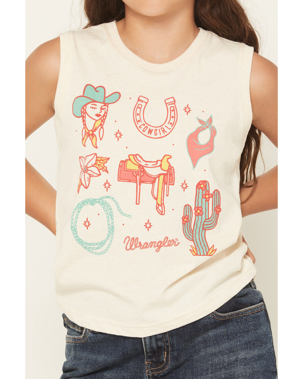 Image #3 - Wrangler Girls' Western Conversation Print Sleeveless Graphic Tee, Cream, hi-res