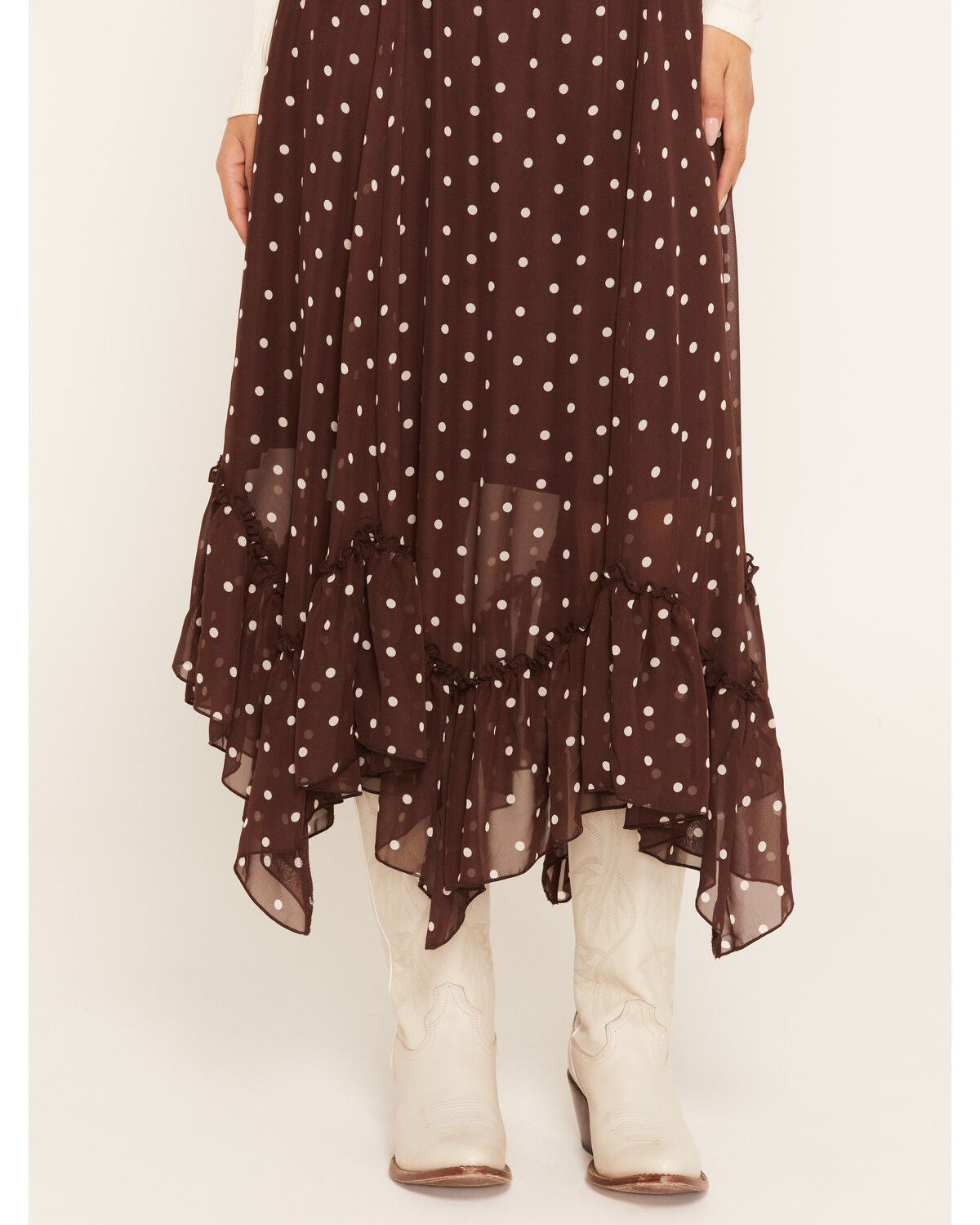 Image #2 - Wild Moss Women's Polka Dot Ruffle Midi Skirt, Brown, hi-res